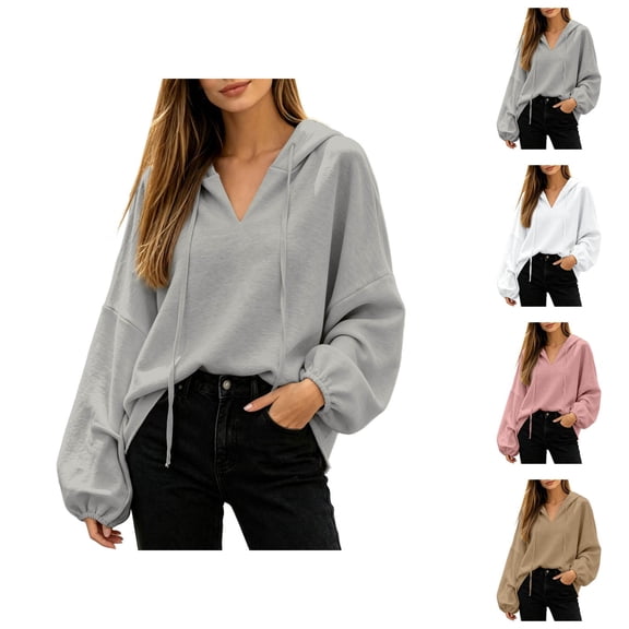 Lightweight Oversized Hoodies for Women Long Sleeve Fall Trendy Drop Shoulder Plain V Neck Hooded Sweatshirt Pullover Tops