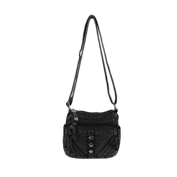 Small Y2K Denim Crossbody Bag with 3 Metal Stars, Cute Vintage Grunge Purse, Multi-Pocket Jean Handbag, Adjustable Strap, Everyday Bag