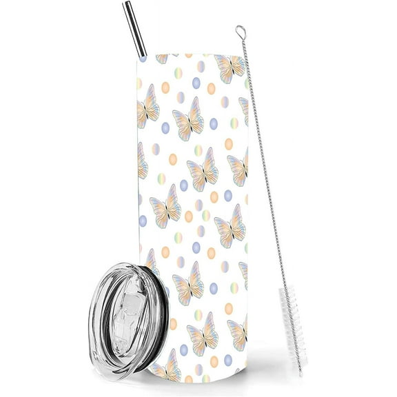Butterfly Tumbler with Lid and Straw,20oz Insulated Colorful Butterfly Skinny Tumblers Stainless Steel Water Bottle Travel Mug Wine Cups Gifts for Women