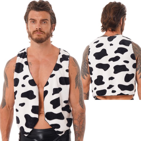 inhzoy Men's Cow Printed Vest Halloween Costume V-Neck Waistcoat Cardigan Tops Black XL
