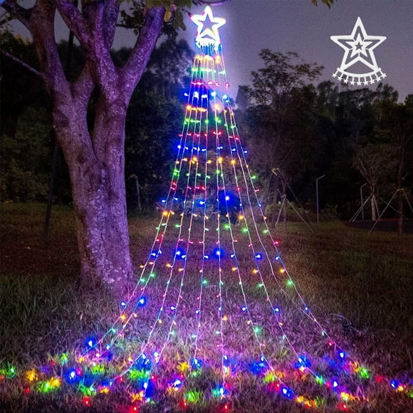 Star String Christmas Lights with Big Tree Topper, Outdoor Waterproof Led Waterfall Christmas Tree Lights for Yard Christmas Decoration Indoor Twinkle Fairy Lights Multicolor (Multicolor)
