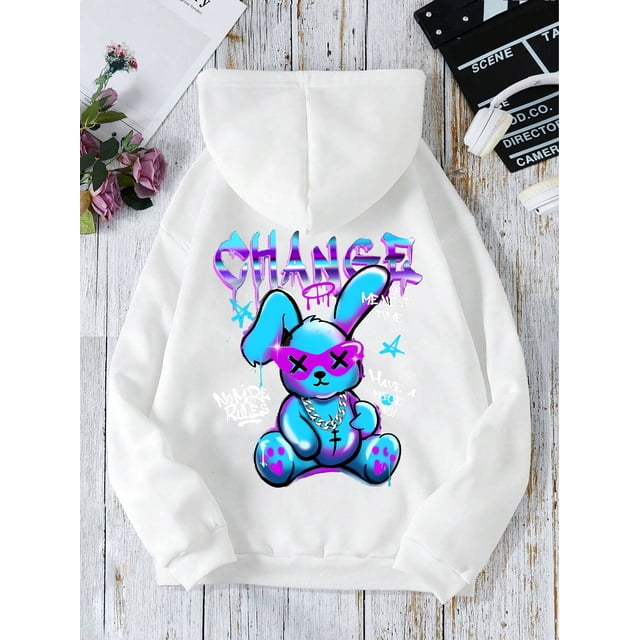 Sudadera con capucha con estampado de dibujos animados de conejo para mujer, Jersey informal de cuello redondo, ropa de gran tamaño, moda urbana que combina con todo