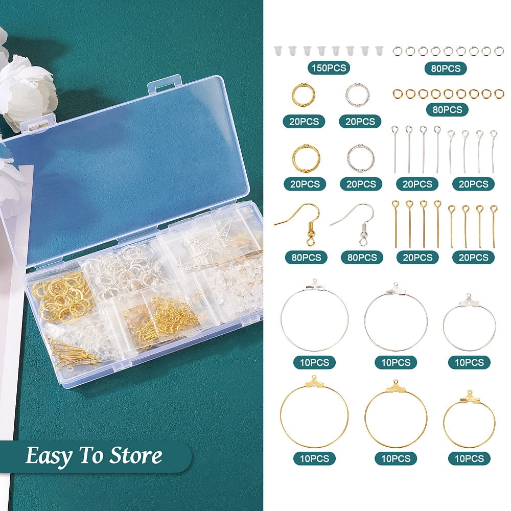 1Box DIY Earring Making Finding Kit Including Iron Ring Wire Pendants Alloy Bead Frames Plastic Ear Nuts Golden & Silver 690Pcs/box