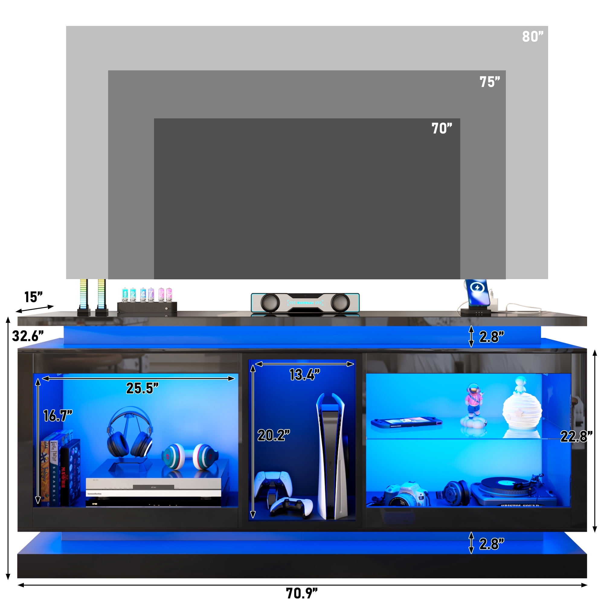 ChVans LED TV Stand for 70/75/80 Inch TVs, Modern Entertainment Center High Gloss Large TV Stand with Adjustable Shelves, Gaming TV Console with Power Outlets, Black