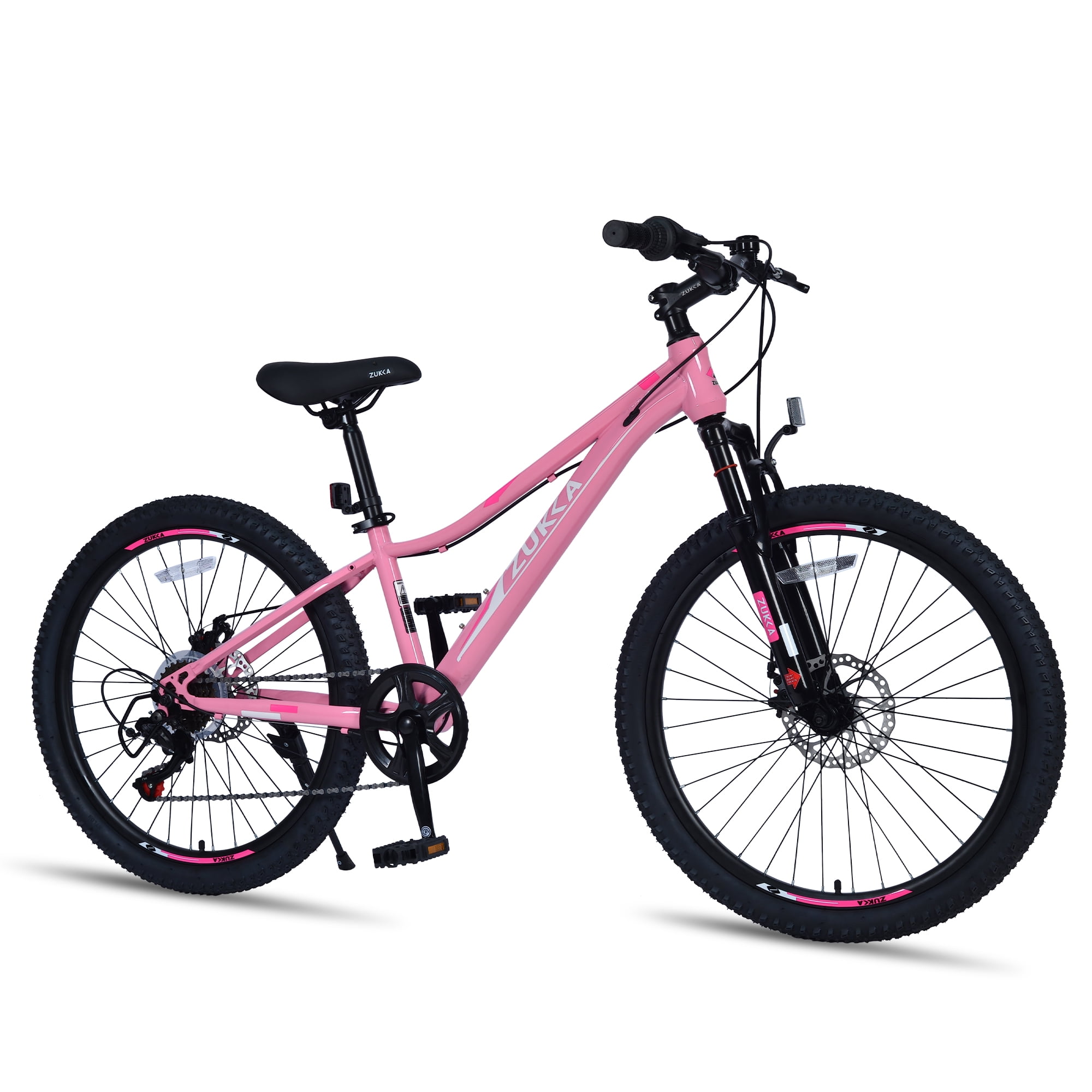 24 Inch 6-Speed Mountain Bike for Kids Boys and Girls, High-Strength Steel Frame Bicycle with Suspension Fork and Dual Disc Brakes, Adjustable Seat and All-Terrain Tires for Ages 9-12, Pink