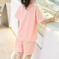 thumbnail image 4 of Fesfesfes Toddler Girl Summer Outfits Girl's Spring Short Sleeve Shirt With Elastic Waist Short Sleeve Letter Tee Shirt And Track Shorts 2 Piece Outfit 5-6 Years, 4 of 8