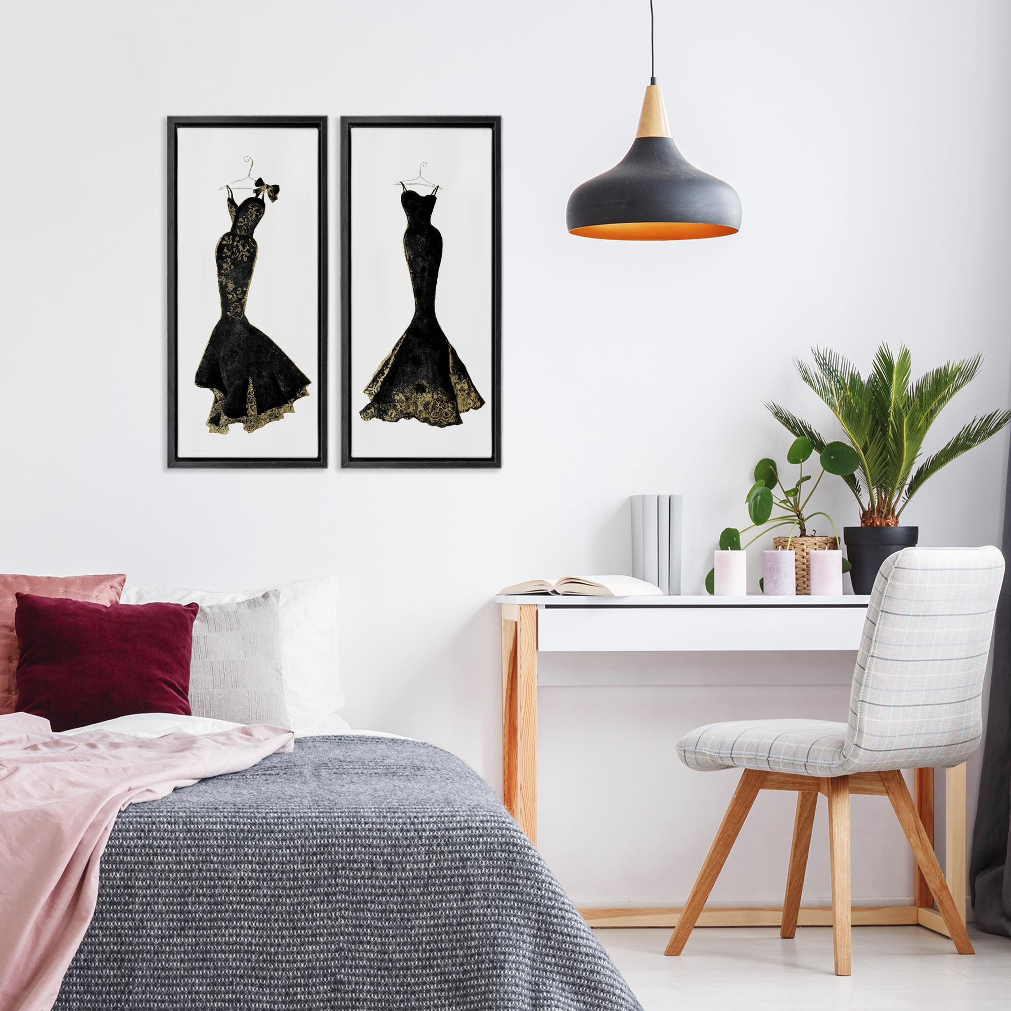 Stupell Industries Gilded Black Evening Gowns 2 Piece Black Framed Floater Canvas Set, design by Janet Tava