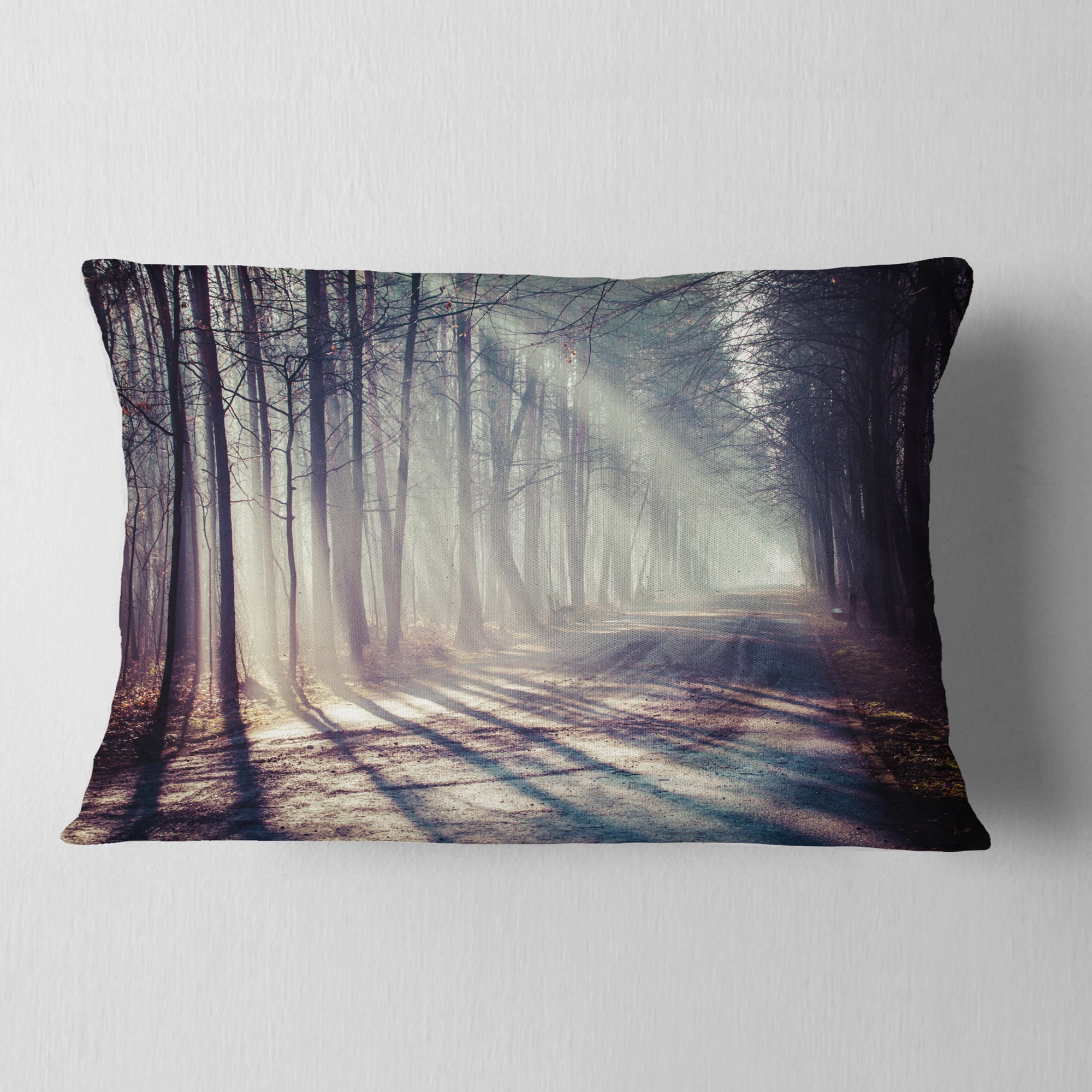 Designart Morning Sunbeams to Forest Road - Landscape Photography Throw Pillow - 12x20