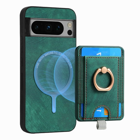 ELEHOLD Leather Case for Google Pixel 6 Pro Magnetic Detachable Card Holder Magnetic 2 in 1 Wallet Case with Ring Holder Kickstand Compatible with Mag Safe Shockproof Cover,green
