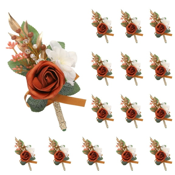 15pcs Orange Red Rose Boutonnieres Corsage for Men Groom Groomsmen Bride