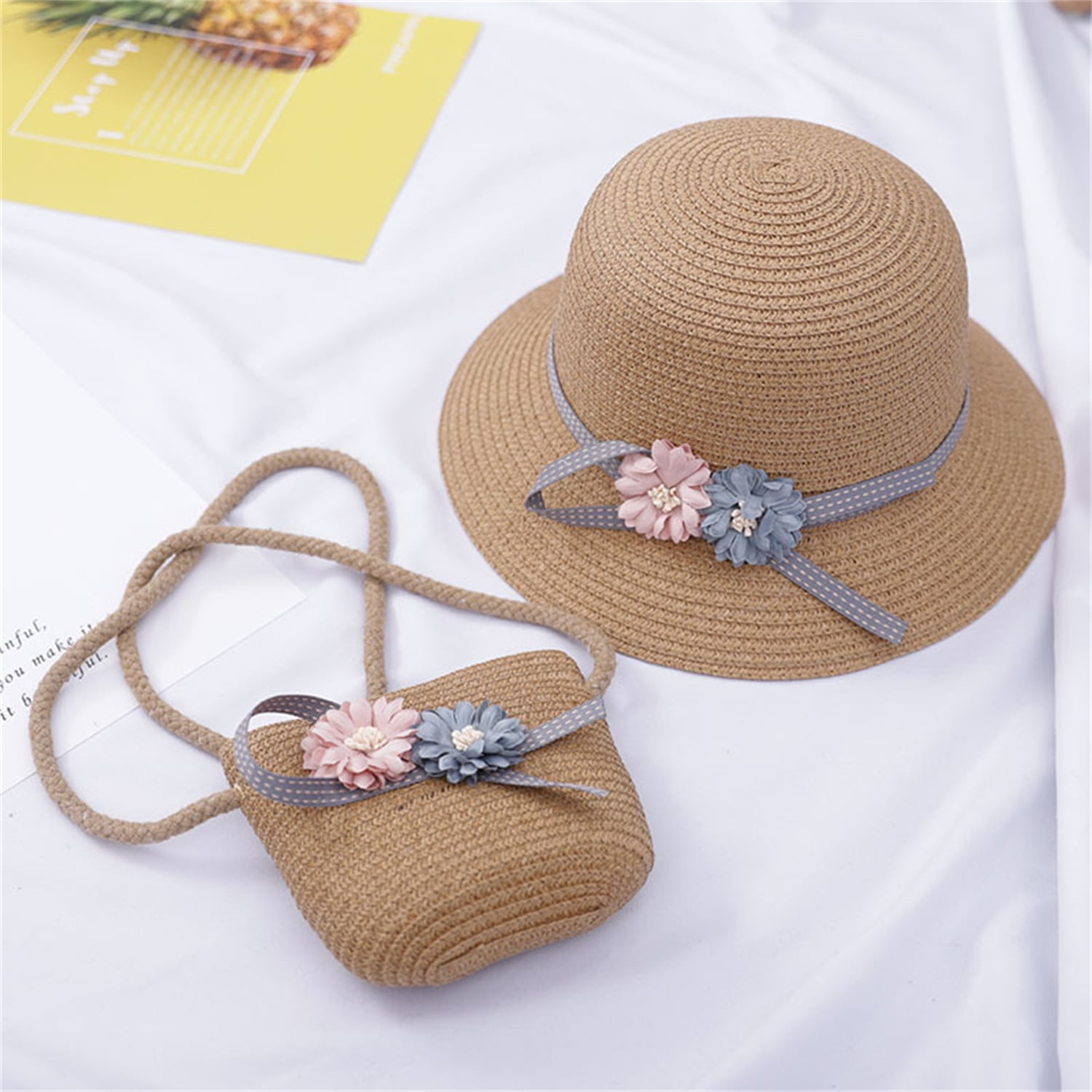Girls Mini Beach Shoulder Bag Straw Wallet Lovely Coin Purse Small  Crossbody Bags Hat Set 
