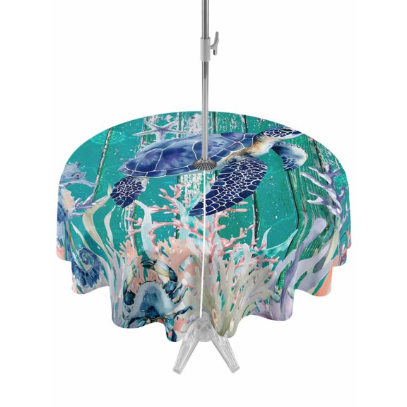 Outdoor Tablecloth with Umbrella Hole for Patio/Picnic/Party/Camping, Ocean Turtle Waterproof Table Cloth Round Cover Washable, Coastal Seahorse Jellyfish Coral Wood Green (Dia 60")