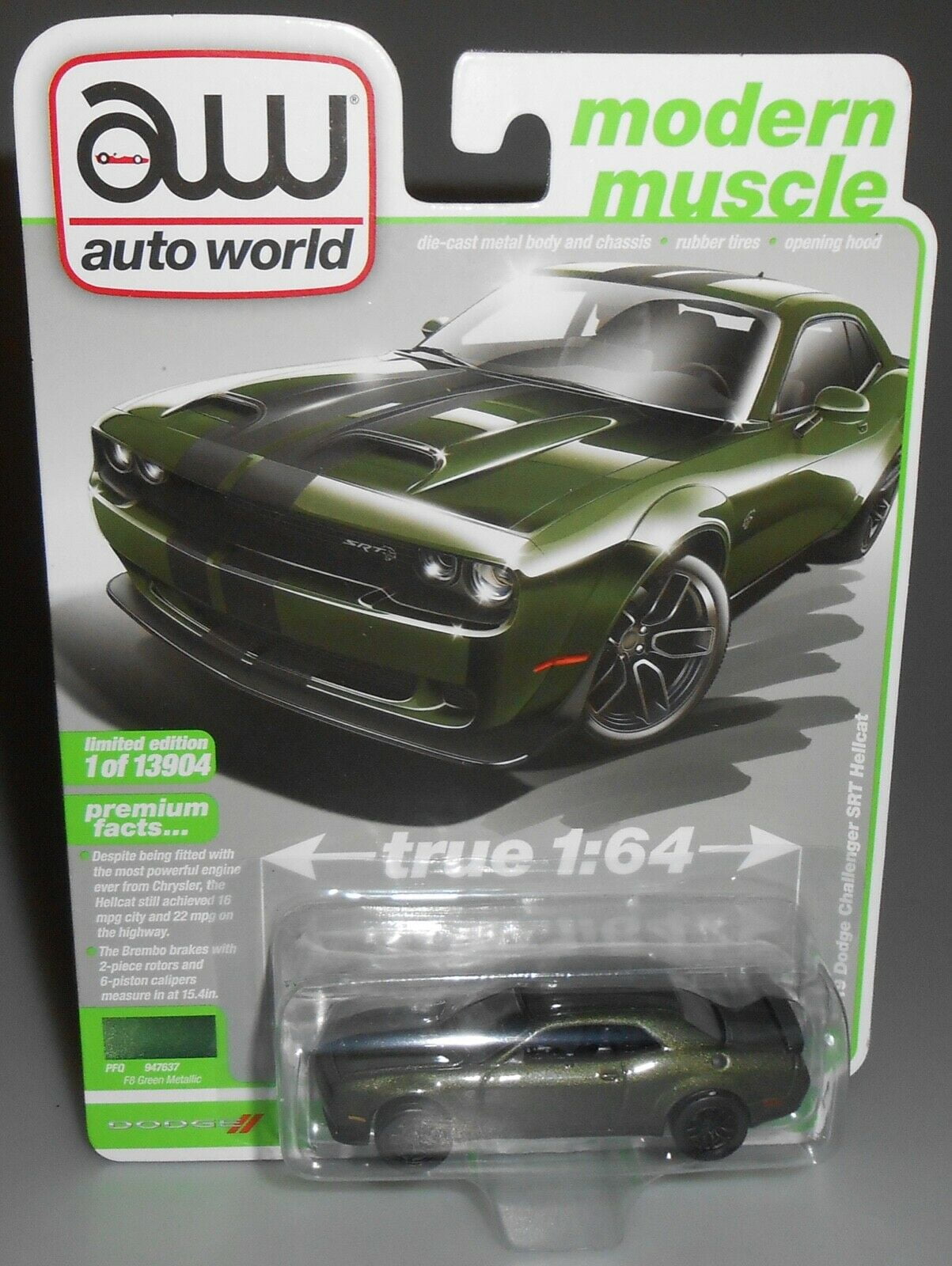 2019 Dodge Challenger SRT Hellcat F8 Green Metallic with Twin Black Stripes Modern Muscle Limited Edition to 13904 pieces Worldwide 1/64 Diecast Model Car by Autoworld