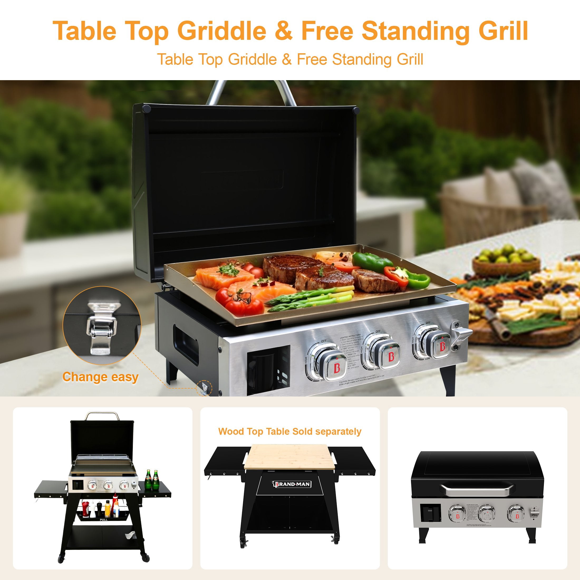 Brand Man 3-Burner Propane Gas Griddle Grill with High Lid, 504 Sq.In Flat Top Grill with Rolling Cart for Outdoor BBQ