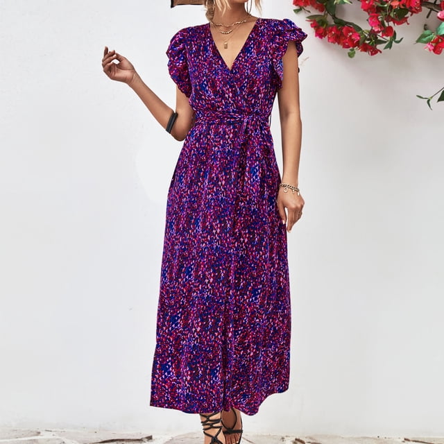Jusqu'à 65 % de Réduction! Robes de Mode d'Été pour Femmes 2024 Grande Taille Printemps / Vacances Loisirs Robe à Col en V Taille Haute à Lacets Fendue Imprimée