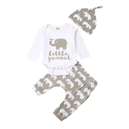 

Mioliknya 3Pcs Newborn Baby Boy Girl Elephant Outfits Long Sleeve Little Peanut Romper Bodysuit+Pants+Hat Clothes