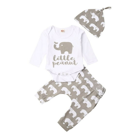 3Pcs Newborn Baby Boy Girl Elephant Print Tops Romper Pants Hat Clothes Outfits