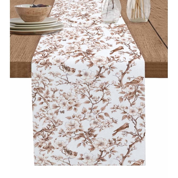 Ldtrchee Flower Bird Table Runner 36 Inches, Elegant Floral Spring Plant Watercolor Bed Runner Dresser Scarves Tabletop for Indoor Outdoor Parties/Ceremony/Banquet, 13"x 36"