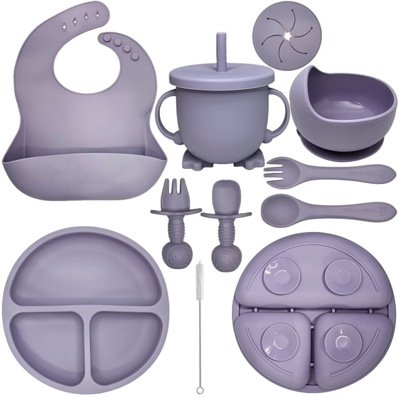 HippoBaby Suministros de Alimentación Dirigida por Bebés / Juego de Alimentación de Silicona de 10 Piezas / Juego de Babero, Taza, Plato y Tazón Divididos, Cucharas y Platos para Autoalimentación