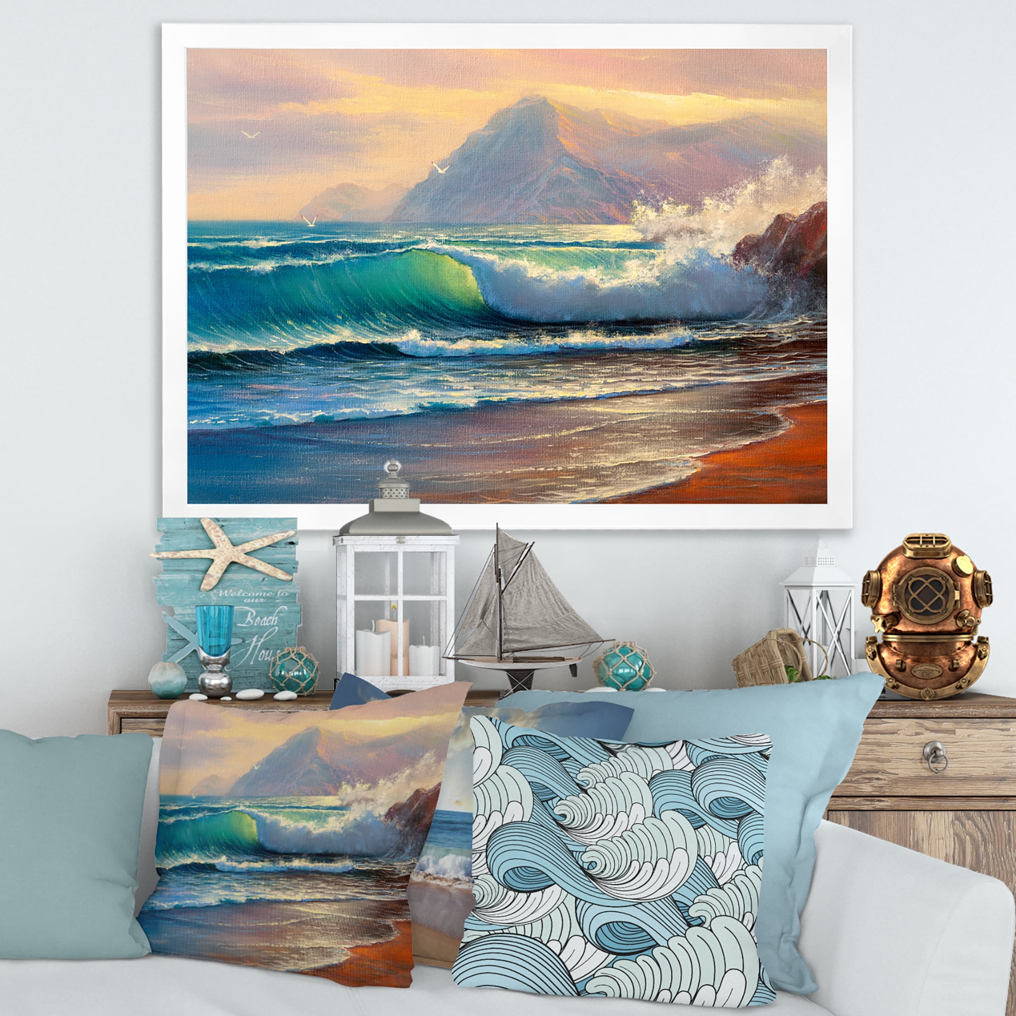 Designart 'Sunrise Glow On The Sea Waves III' Nautical & Coastal Framed Art Print