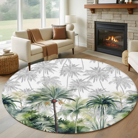 7ft Round Rug, Summer Tropical Leaves Non-Skid Rubber Backing Large Area Rugs - Living Room Bedroom Home Office, Green Botanical Palm Trees Indoor Floor Mat Carpets Washable Rug