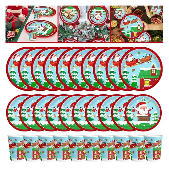 Christmas Tableware Set 30Pcs - Elk & Claus Paper Plates, Cups - Xmas Holiday Dinner Supplies - 7 & 9 Inch Disposable Party Decorations