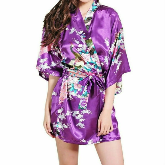 Womens Satin Japanese Peacock Kimono Dressing Gown Bath Robe Babydoll Nightwear One Size-Purple