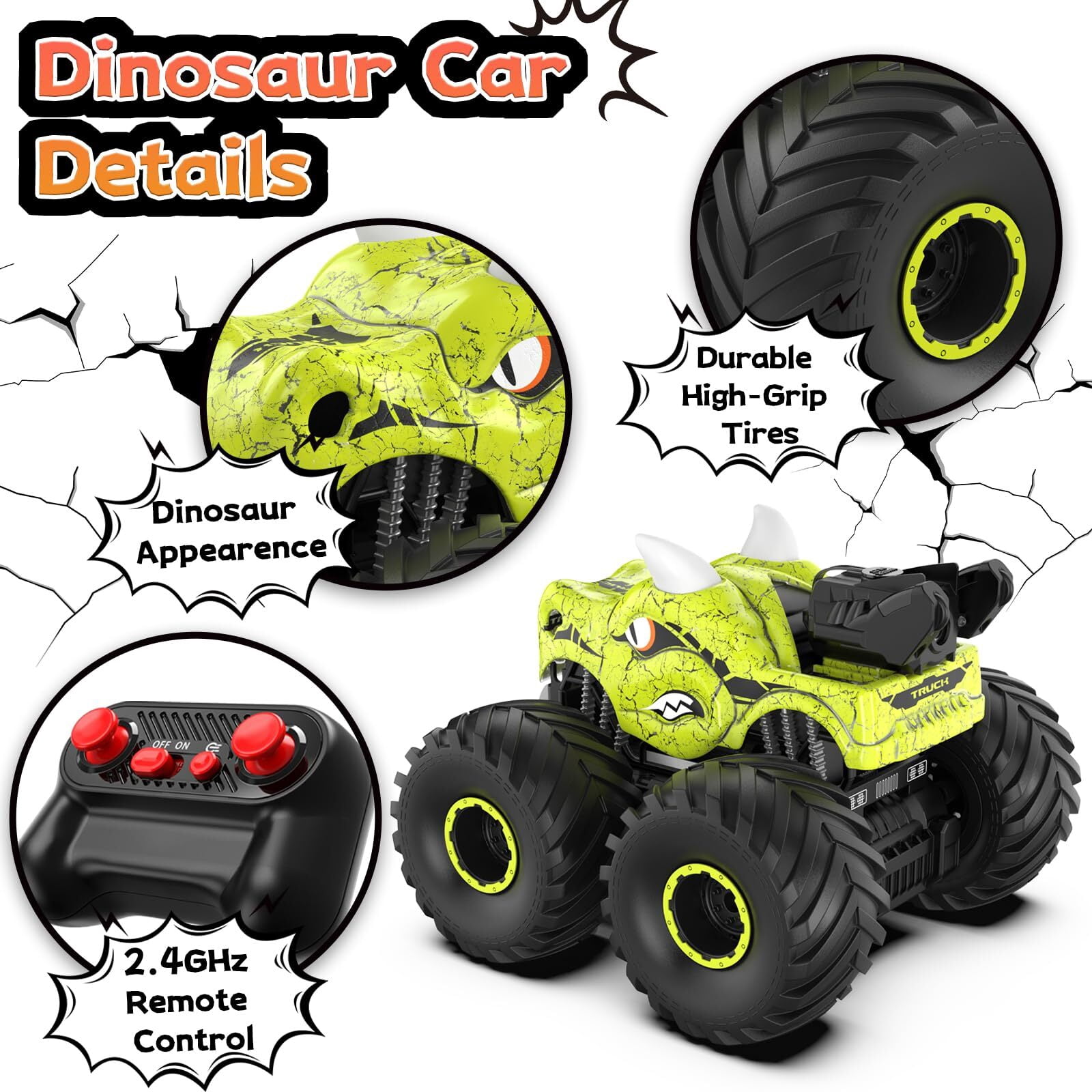 JUGAAD LIFE Dinosaur Remote Control Car 2.4GHz RC Monster Trucks for Boys Girls with Light, Sound & Spray, Dinosaur Toys Gift for Kids 3 4 5 6 7 8 Years Old-Green