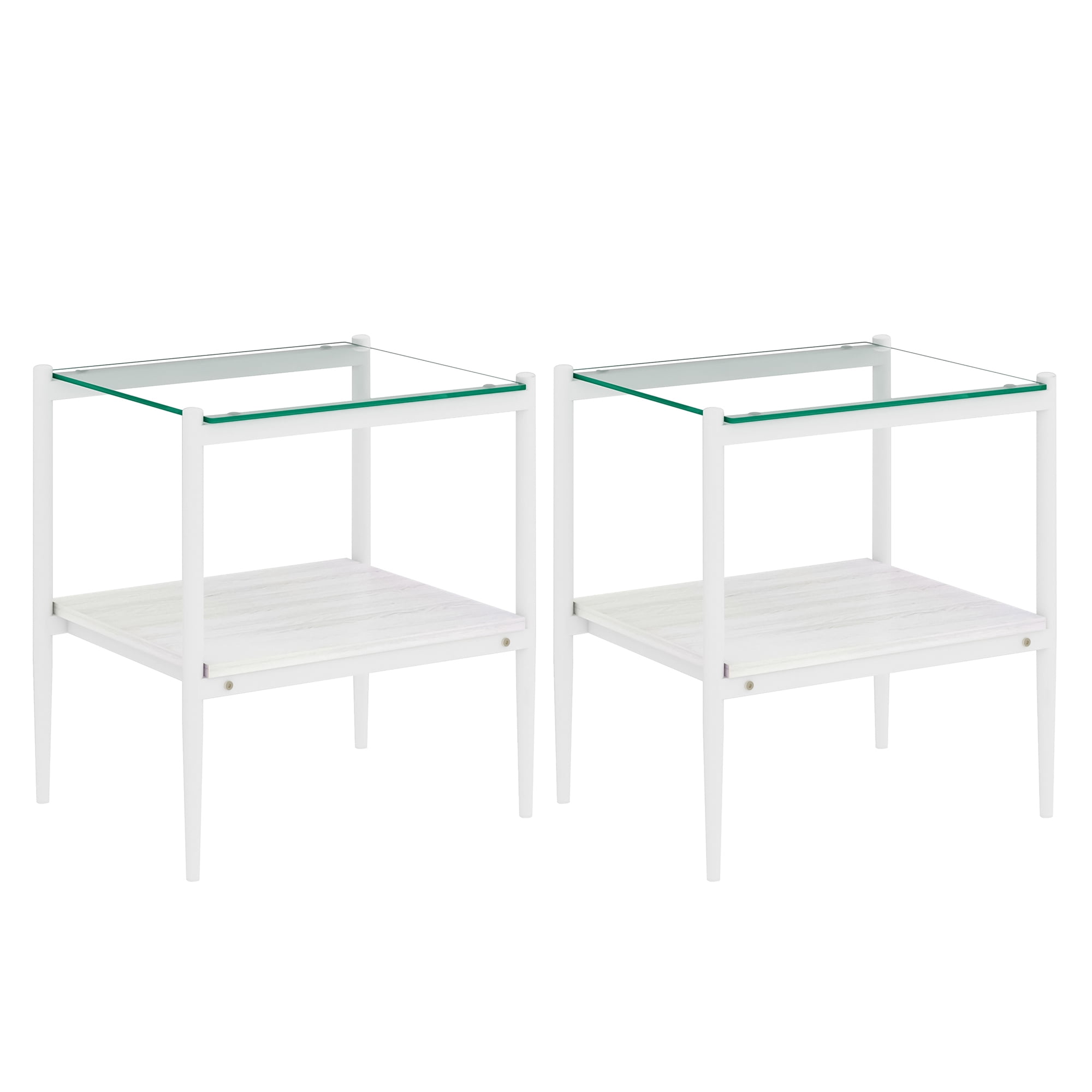 Set of 2 End Tables, Nightstand with Tempered Glass Tabletop, Compact Side Table with MDF Storage Shelf and Sturdy Iron Legs, Easy Assembly for Bedroom or Living Room, Transparent Glass Finish