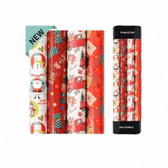 4 Pack Christmas Wrapping Paper Folded,Snowflakes,Snowmen,Candy Canes,Santa Wrapping Paper Roll for New Year, Holiday, Party Decoration