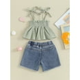 thumbnail image 3 of Bagilaanoe 2pcs Toddler Baby Girl Shorts Set Sleeveless Pleated Camisole Tops + Ripped  Denim Shorts 12M 18M 24M 3T 4T 5T Kids Casual Summer Clothes, 3 of 8