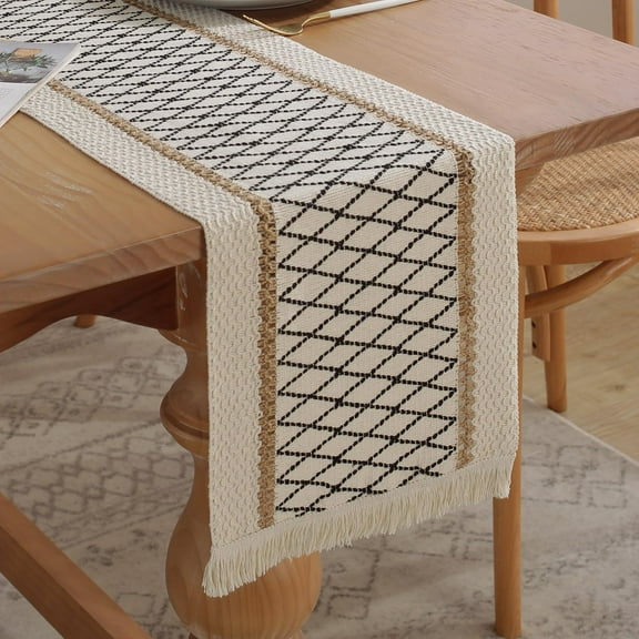 Boho Table Runner with Tassel, Farmhouse Rustic Table Runners, Macrame Table Runners for Dining Room, Wedding, Holiday Party, Home Decor (12x79 Inches)