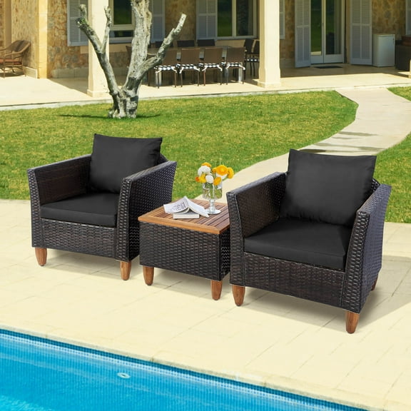 Costway 3PCS Patio Wicker Rattan Sofa Set Furniture Outdoor Acacia Wood Conversation