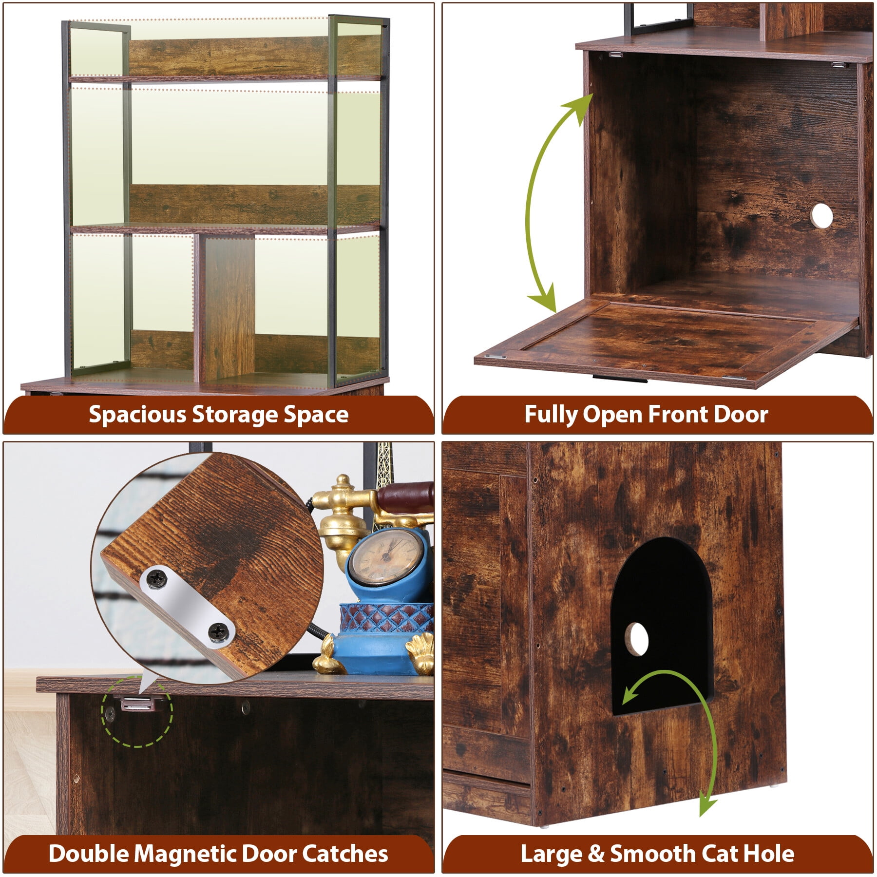 HomGarden 2-in-1 Cat Hidden Litter Box Enclosure W/Storage Shelves, Cat Washroom & Furniture, Rustic Brown