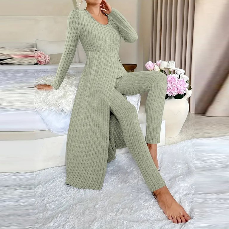 knit two piece dress UAMVSH Sets Women Side Split Long with Leggings Comfy Casual Crewneck Ribbed Pj Set Fall Winter Clothes Partially lined Halter Ribbed Knit Two-Piece Midi