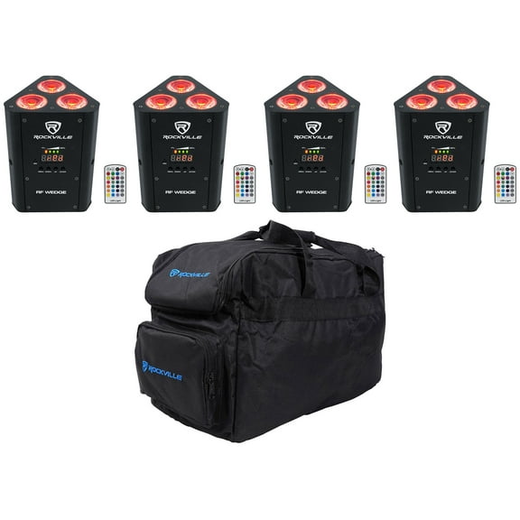 (4) Rockville RF WEDGE BLACK RGBWA UV Battery Wireless DMX Up Lights Remotes Bag