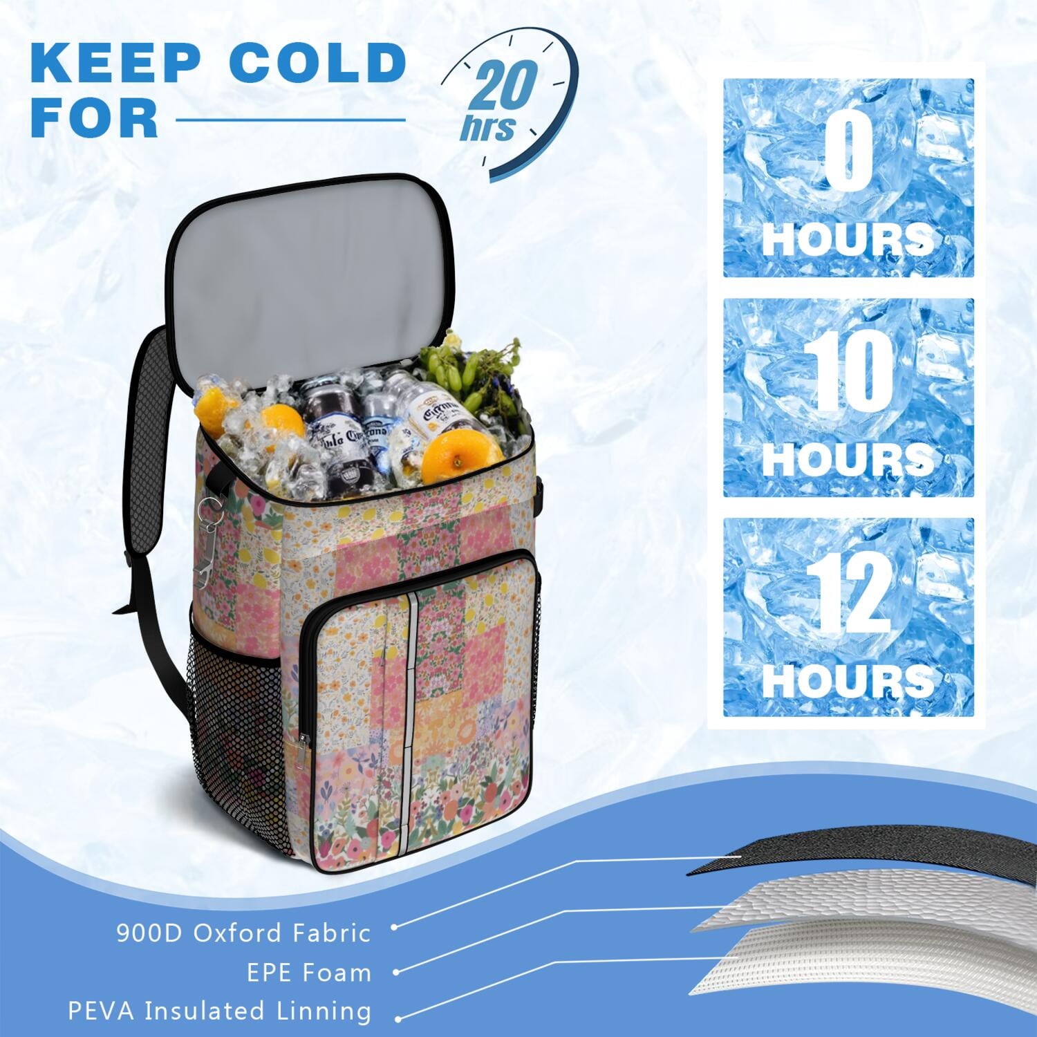 Travel Cooler Bag - Pioneer Flower Camping Beer Cooler Backpack with Bottle Opener- Waterproof Insulated Picnic Backpacks - Cooler Bag for Beach