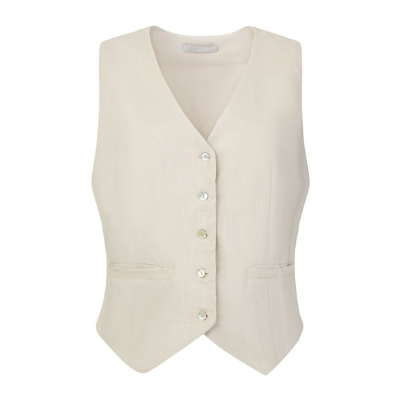 DARING DIVA Women's Linen Vest Button Down V Neck Business Waistcoat S Beige