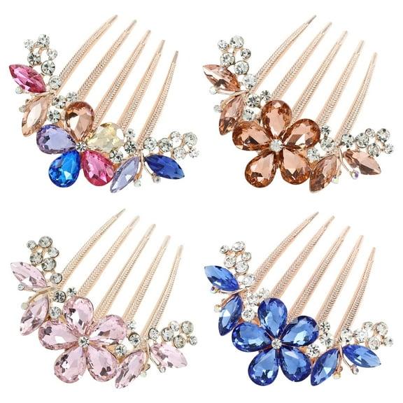 4 Pack Glitter Sparkly Jeweled Gems Crystal Rhinestones Flower Metal Hair Side Combs with Long Teeth Bun Slides Hairpins Barrettes Hair Clips Prom Wedding Accessories for Women Girls Brides