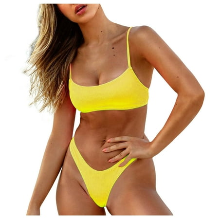 Fmbrln Womens Two Piece Swimsuit Sexy Solid Color Ribbed Bikini Sets Adjustable Strap High Cut Thong Bathing Suit