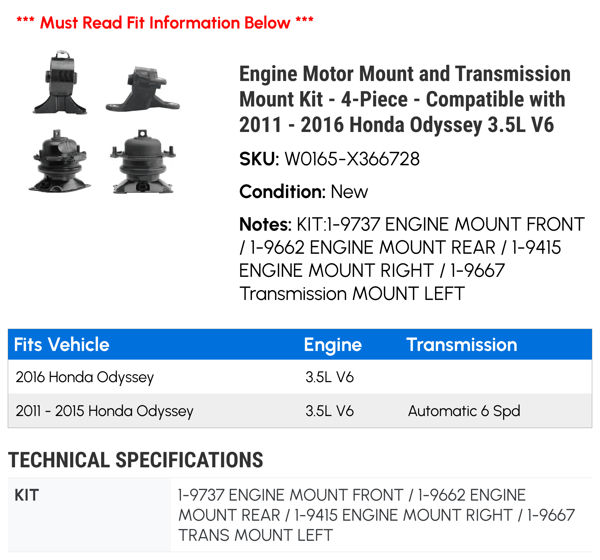 Engine Motor Mount and Transmission Mount Kit - 4-Piece - Compatible with 2011 - 2016 Honda Odyssey 3.5L V6 2012 2013 2014 2015