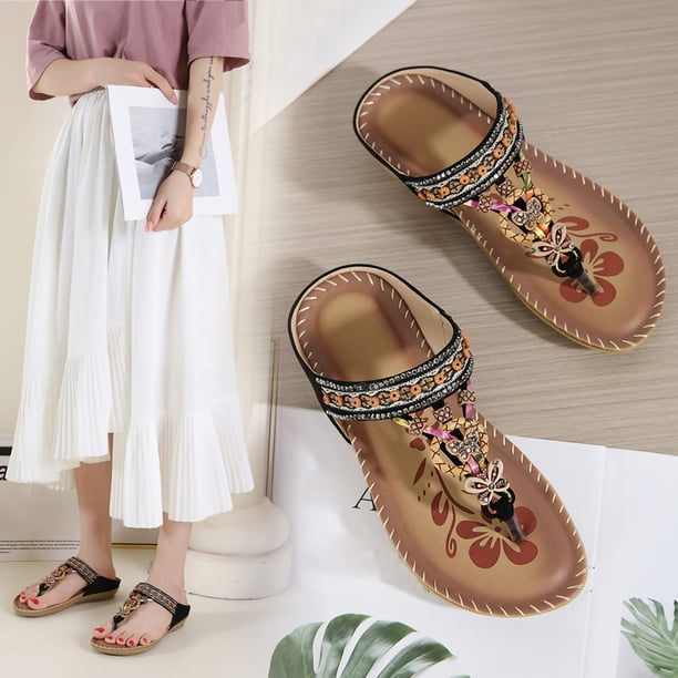 Sandalias de playa con diamantes de imitación y flores planas bohemias Wmkox8yii ytu1322