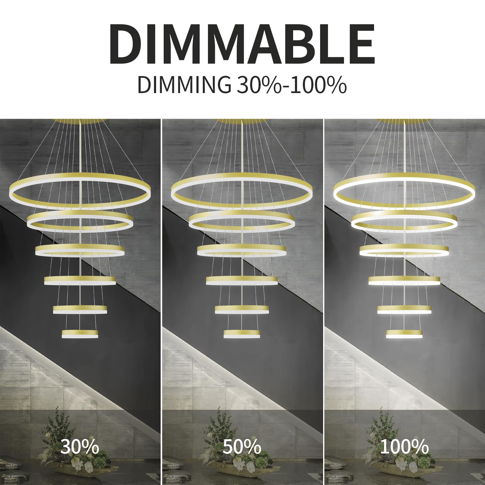 ZHLWIN Modern LED Chandelier Lighting, 6 Rings Gold Chandelier Contemporary Ceiling Pendant Light Fixture for Staircase Foyer High Ceiling Living Room 6000K Cool White