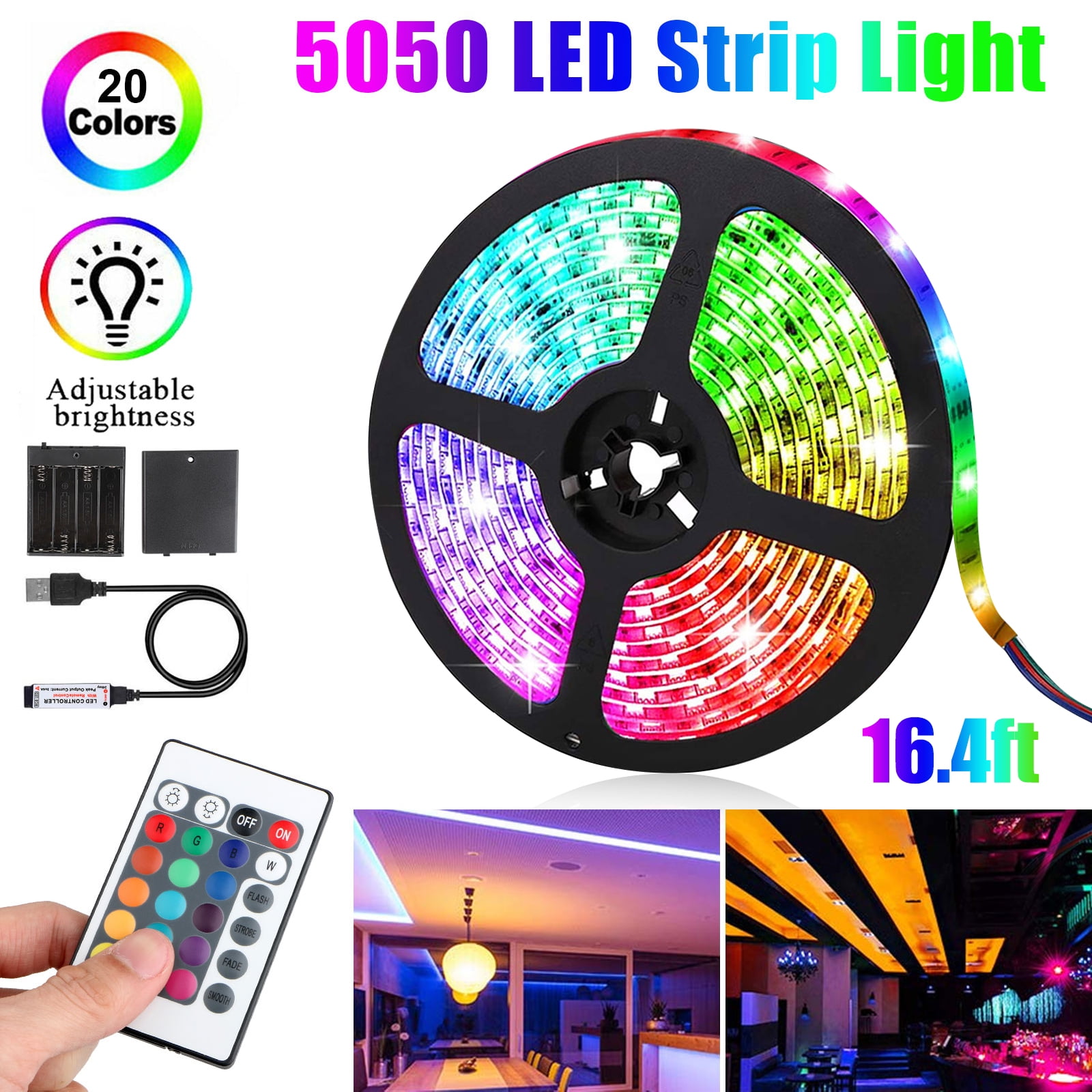 5V 5050 RGB LED Strip Light Colour Changing Waterproof Flexible Tape Rope Light 