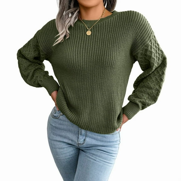 Women'S Solid Knit Cable Sweater Casual Long Lantern Sleeve Pullover Crew Neck Knitted Tops  Green S