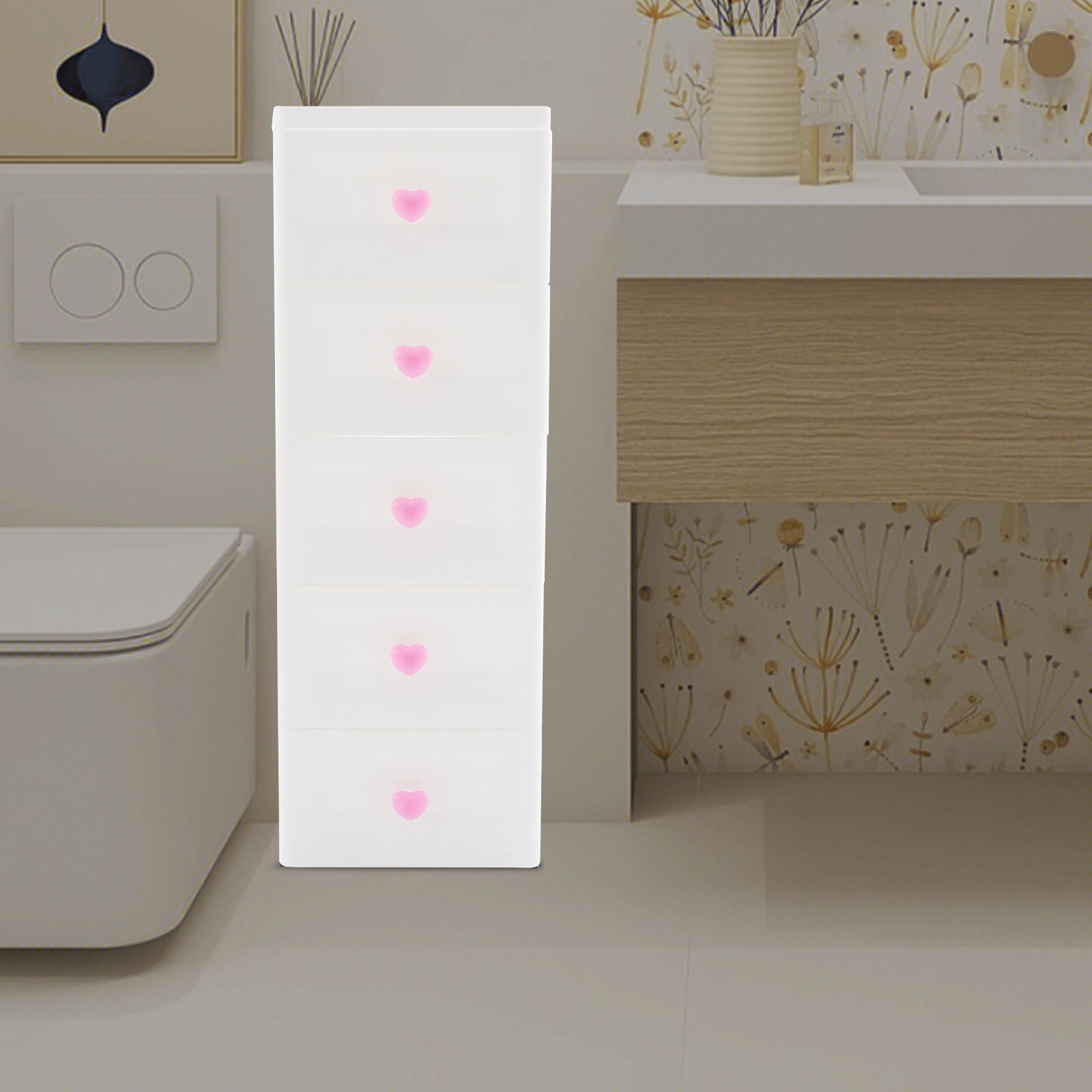 Wildnix 5-Tier Bathroom Organizer with Drawers, Modern White Storage Unit, Compact and Slim Design, Ideal for Narrow Spaces and Home Organization