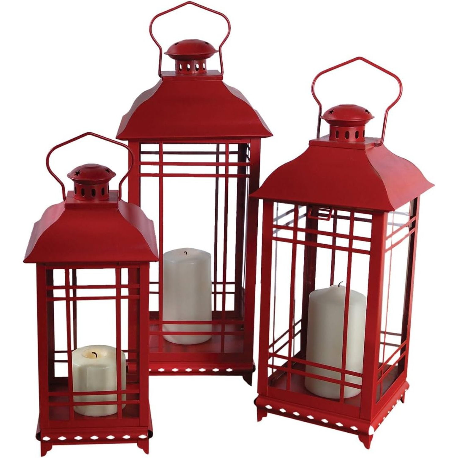 Traditional Red Metal and Glass 20" Candle Lantern Set of 3