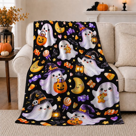 pointed-hat character Hat Ghosts With Lanterns And confection illustrations, Soft Flannel Blanket, Cute autumn celebration Illustration Home Decor for Bedroom and Living Room, Housewarming Gift
