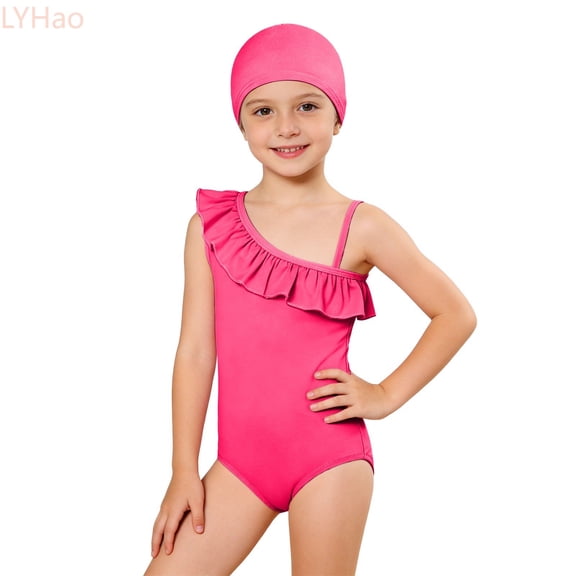 LYHao Solid Color Swimsuit And Swim Cap For Girls Comfortable Bathing With UPF Sun,One-Piece Swimwear 3-4 Years Pink