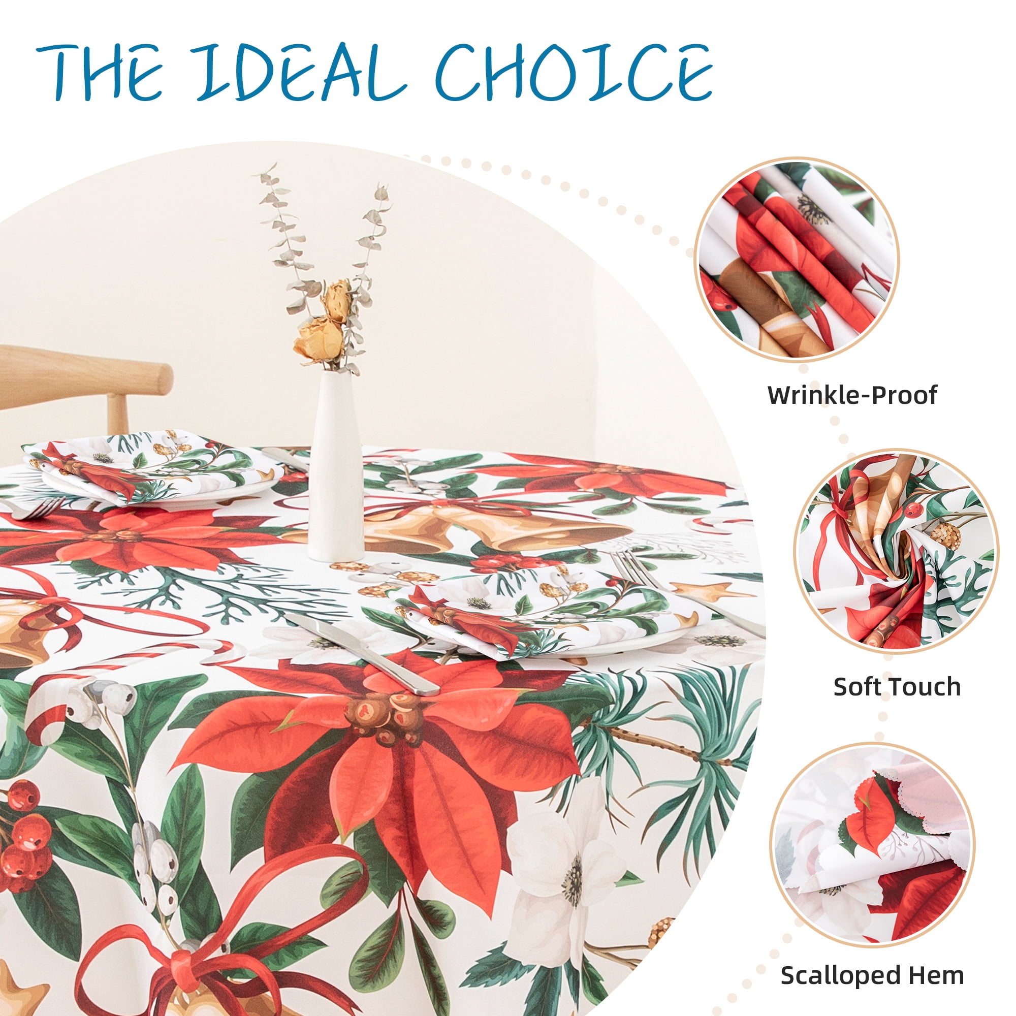 RAY STAR Polyester Christmas Tablecloth 60 inch Round Machine Washable Table Cloths, Thick Can not See Through Heavy Duty Tablecloth